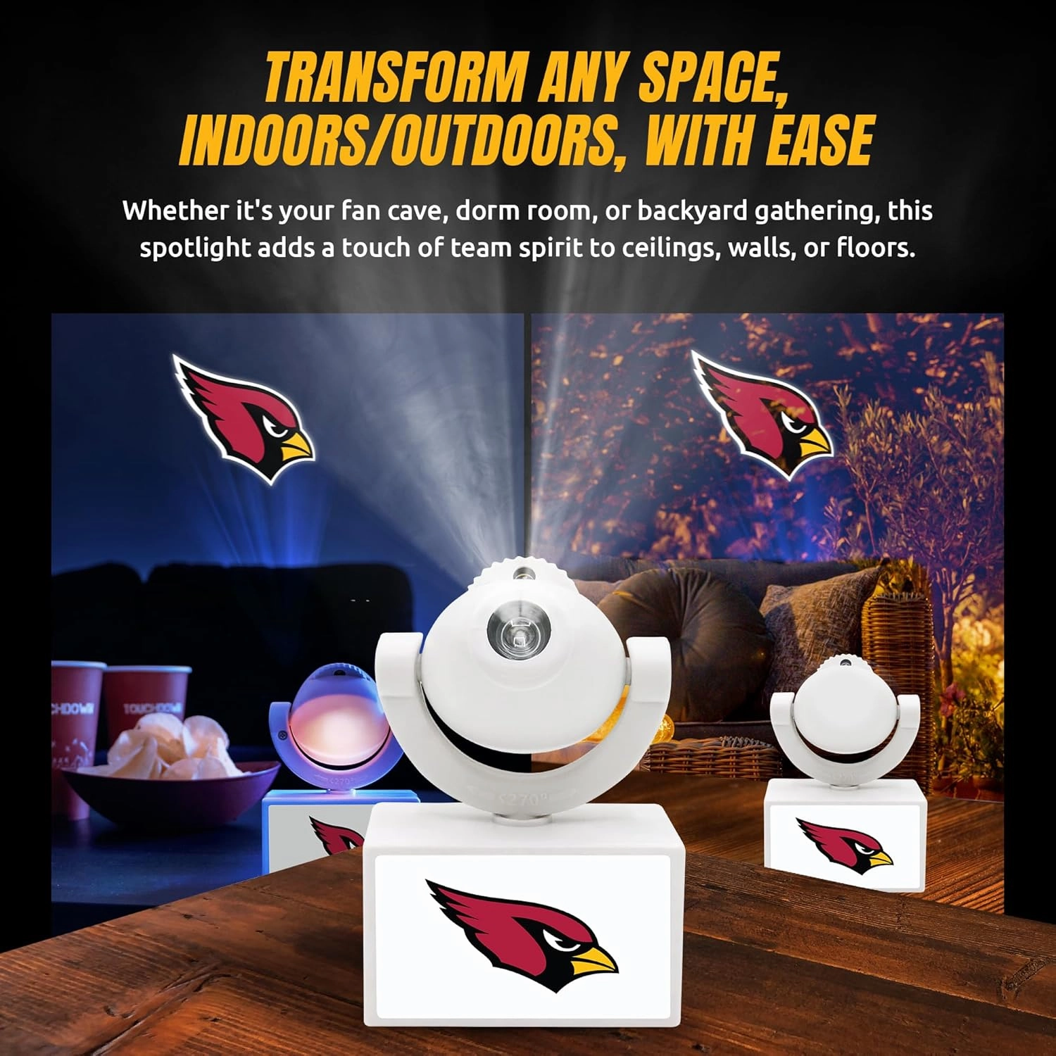NFL American Football Arizona Cardinals - Adjustable Led Mini Spotlight Projector with 6 Team Logo Designs - Portable & Rechargeable Spotlight - Battery-Operated - 4.375” x 3.125”