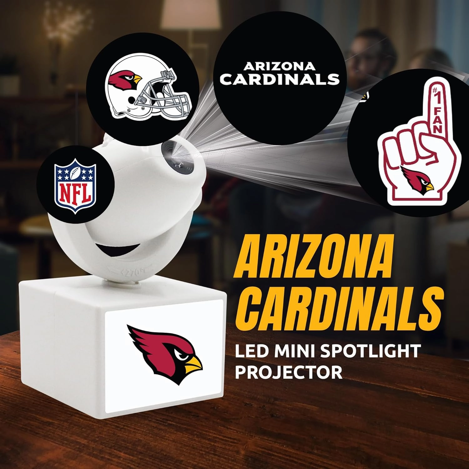NFL American Football Arizona Cardinals - Adjustable Led Mini Spotlight Projector with 6 Team Logo Designs - Portable & Rechargeable Spotlight - Battery-Operated - 4.375” x 3.125”