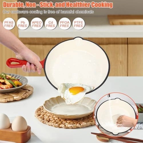 Nonstick Enameled Cast Iron Cookware Set, 8-Pcs Pots and Pans with Lid, Skillet, Frying Pan, Saucepan & Dutch Oven for All Stovetops, PFA Free - Ideal for Sourdough Bread Baking - Comes with Organizer