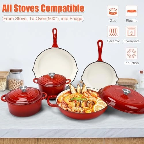 Nonstick Enameled Cast Iron Cookware Set, 8-Pcs Pots and Pans with Lid, Skillet, Frying Pan, Saucepan & Dutch Oven for All Stovetops, PFA Free - Ideal for Sourdough Bread Baking - Comes with Organizer