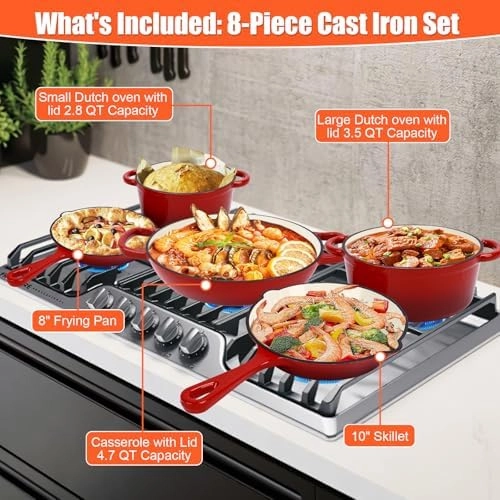 Nonstick Enameled Cast Iron Cookware Set, 8-Pcs Pots and Pans with Lid, Skillet, Frying Pan, Saucepan & Dutch Oven for All Stovetops, PFA Free - Ideal for Sourdough Bread Baking - Comes with Organizer