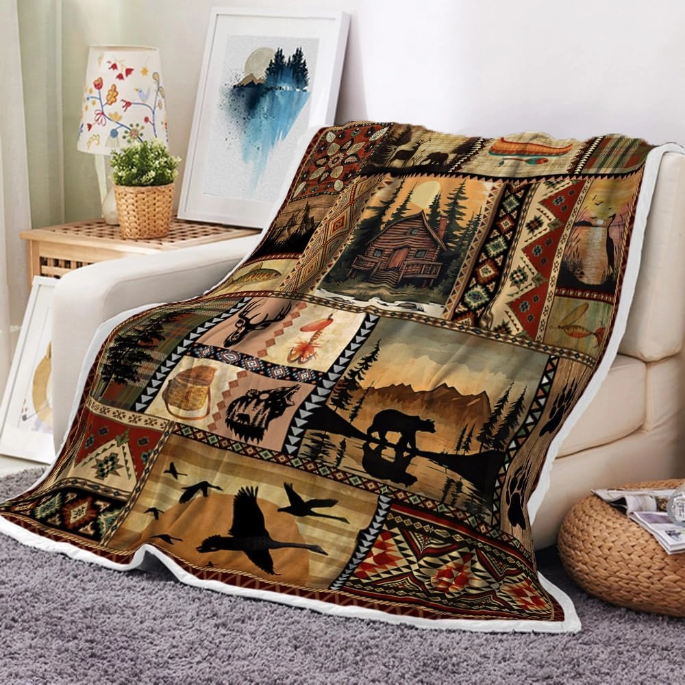 NYMB Rustic Cabin Throw Blanket, Farmhouse Country Vintage Bear Moose Wooden Flannel Bed Throws, Hunting Camping Forest Lodge Blanket for Sofa Couch Bed, Wild Animal Warm and Cozy Blankets, 50X60in