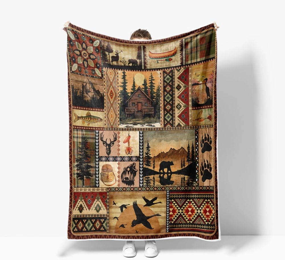 NYMB Rustic Cabin Throw Blanket, Farmhouse Country Vintage Bear Moose Wooden Flannel Bed Throws, Hunting Camping Forest Lodge Blanket for Sofa Couch Bed, Wild Animal Warm and Cozy Blankets, 50X60in