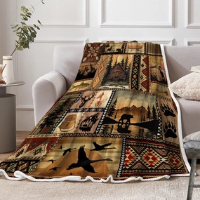 NYMB Rustic Cabin Throw Blanket, Farmhouse Country Vintage Bear Moose Wooden Flannel Bed Throws, Hunting Camping Forest Lodge Blanket for Sofa Couch Bed, Wild Animal Warm and Cozy Blankets, 50X60in