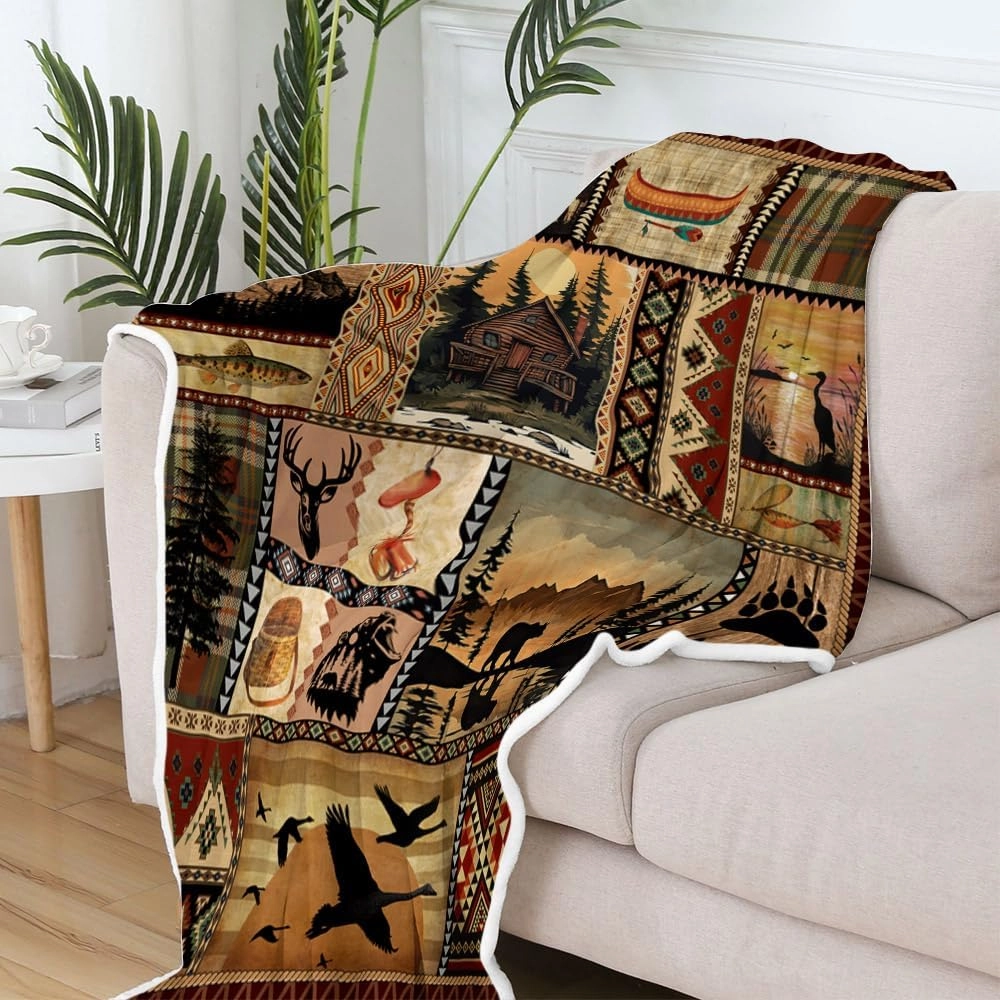 NYMB Rustic Cabin Throw Blanket, Farmhouse Country Vintage Bear Moose Wooden Flannel Bed Throws, Hunting Camping Forest Lodge Blanket for Sofa Couch Bed, Wild Animal Warm and Cozy Blankets, 50X60in