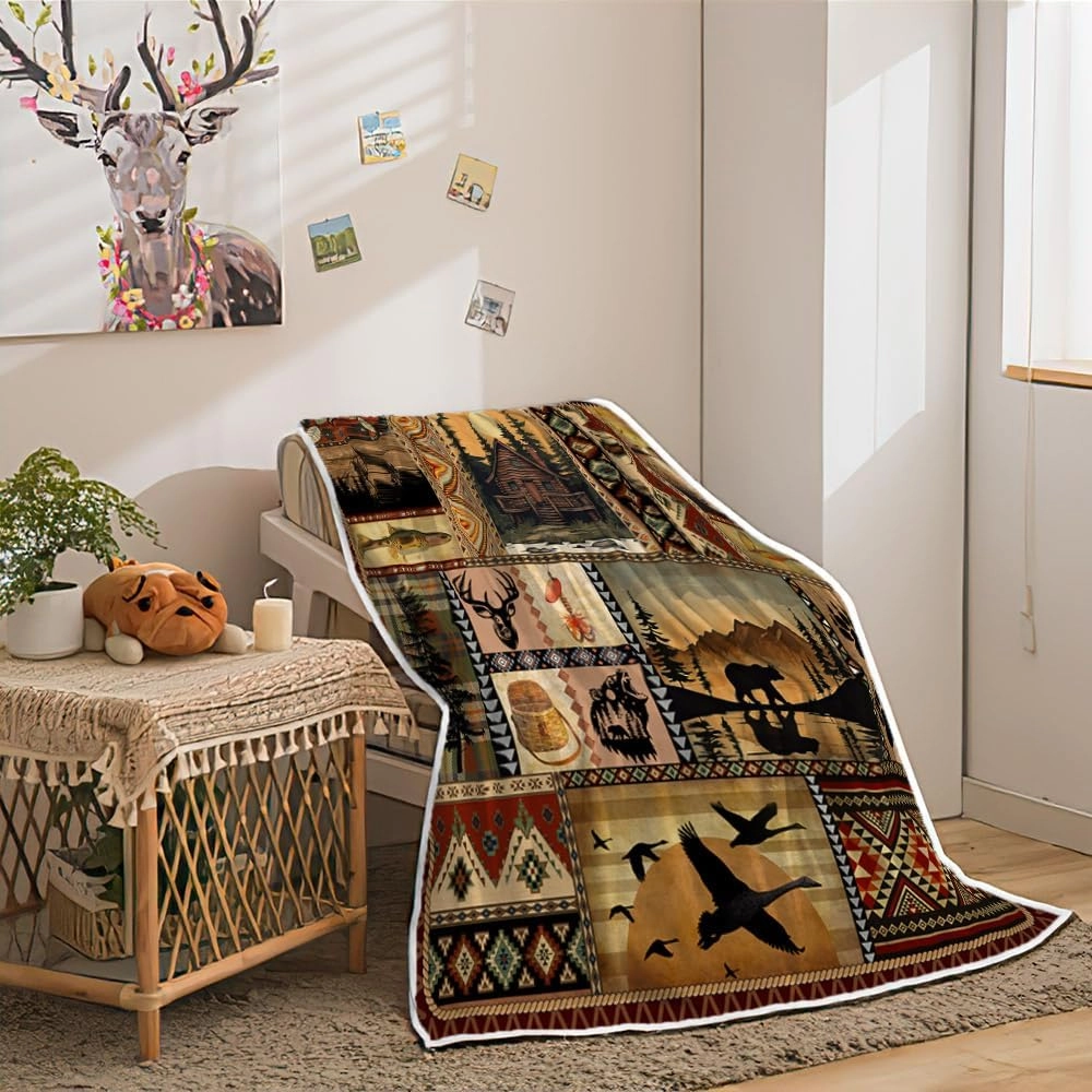 NYMB Rustic Cabin Throw Blanket, Farmhouse Country Vintage Bear Moose Wooden Flannel Bed Throws, Hunting Camping Forest Lodge Blanket for Sofa Couch Bed, Wild Animal Warm and Cozy Blankets, 50X60in