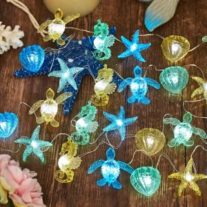 Ocean Beach Themed Sea Life Cute Fairy Decorative String Lights Battery Operated, Seahorse Starfish Sea Turtle Clam Nautical Rope Lights Lit by 30 LEDs 10 ft for Holiday Camping Mermaid Wedding
