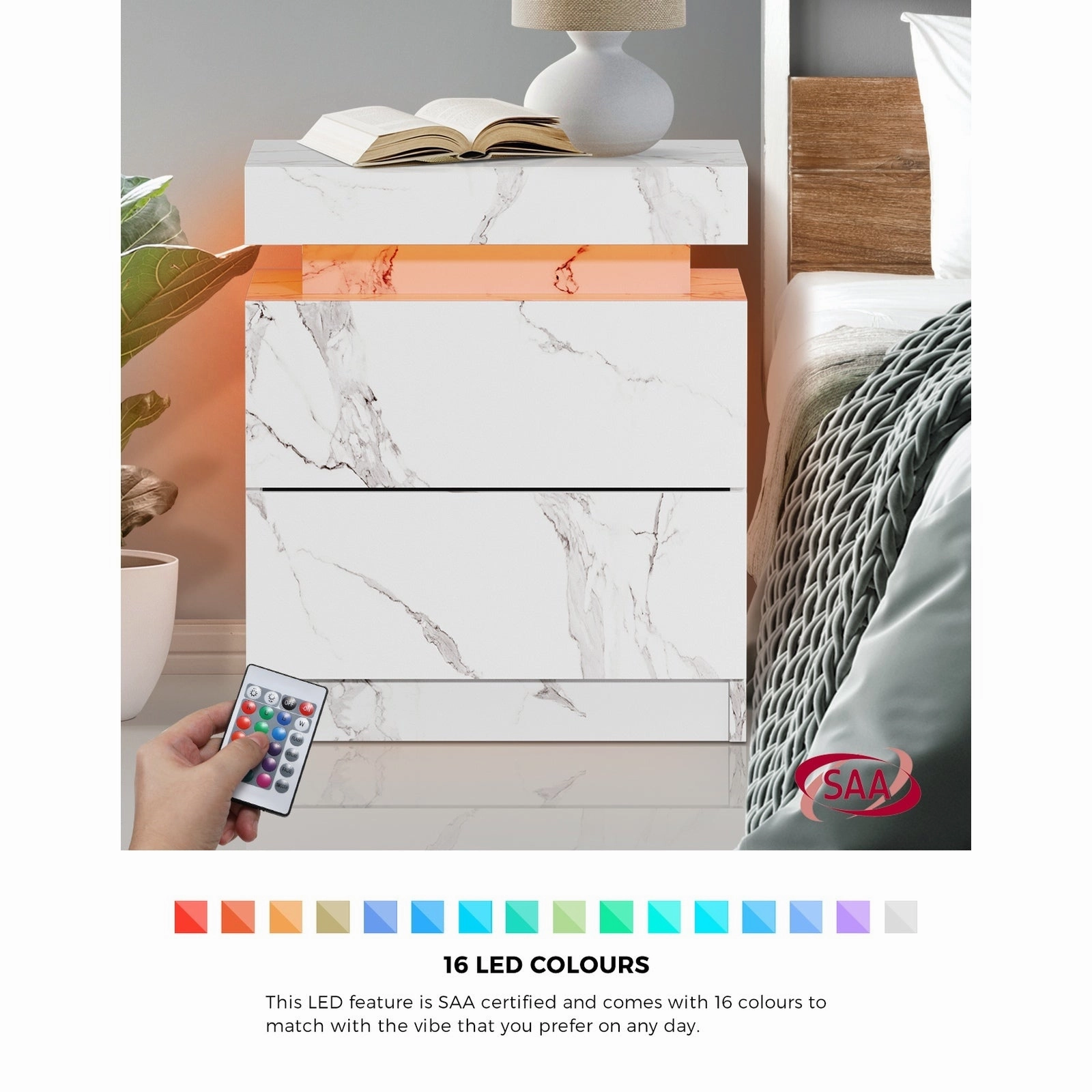 Oikiture 2x Bedside Table 2 Drawers LED Nightstand Marble Effect White