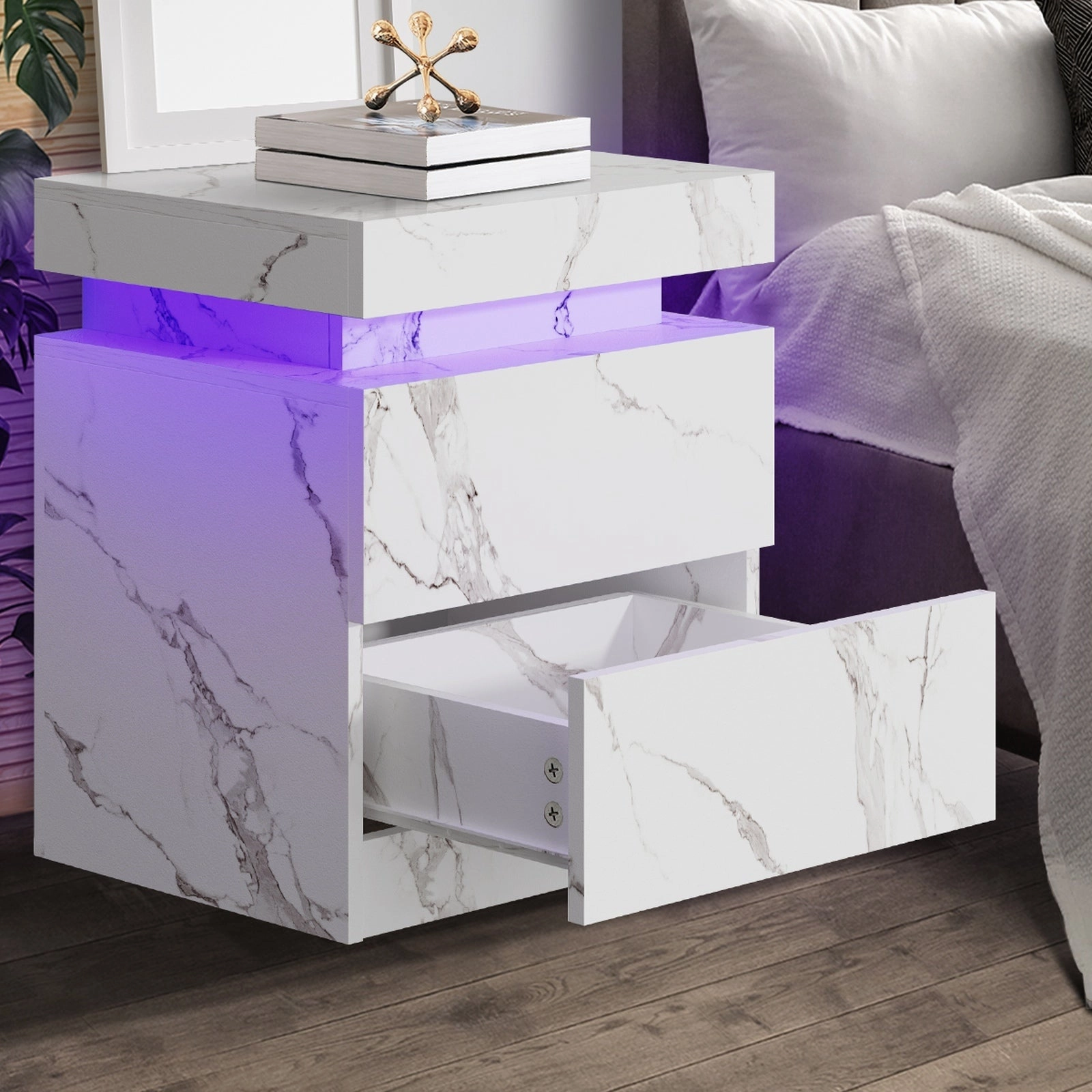 Oikiture 2x Bedside Table 2 Drawers LED Nightstand Marble Effect White