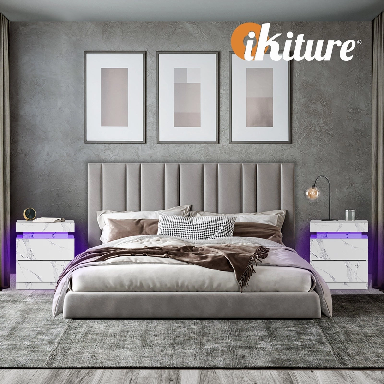 Oikiture 2x Bedside Table 2 Drawers LED Nightstand Marble Effect White