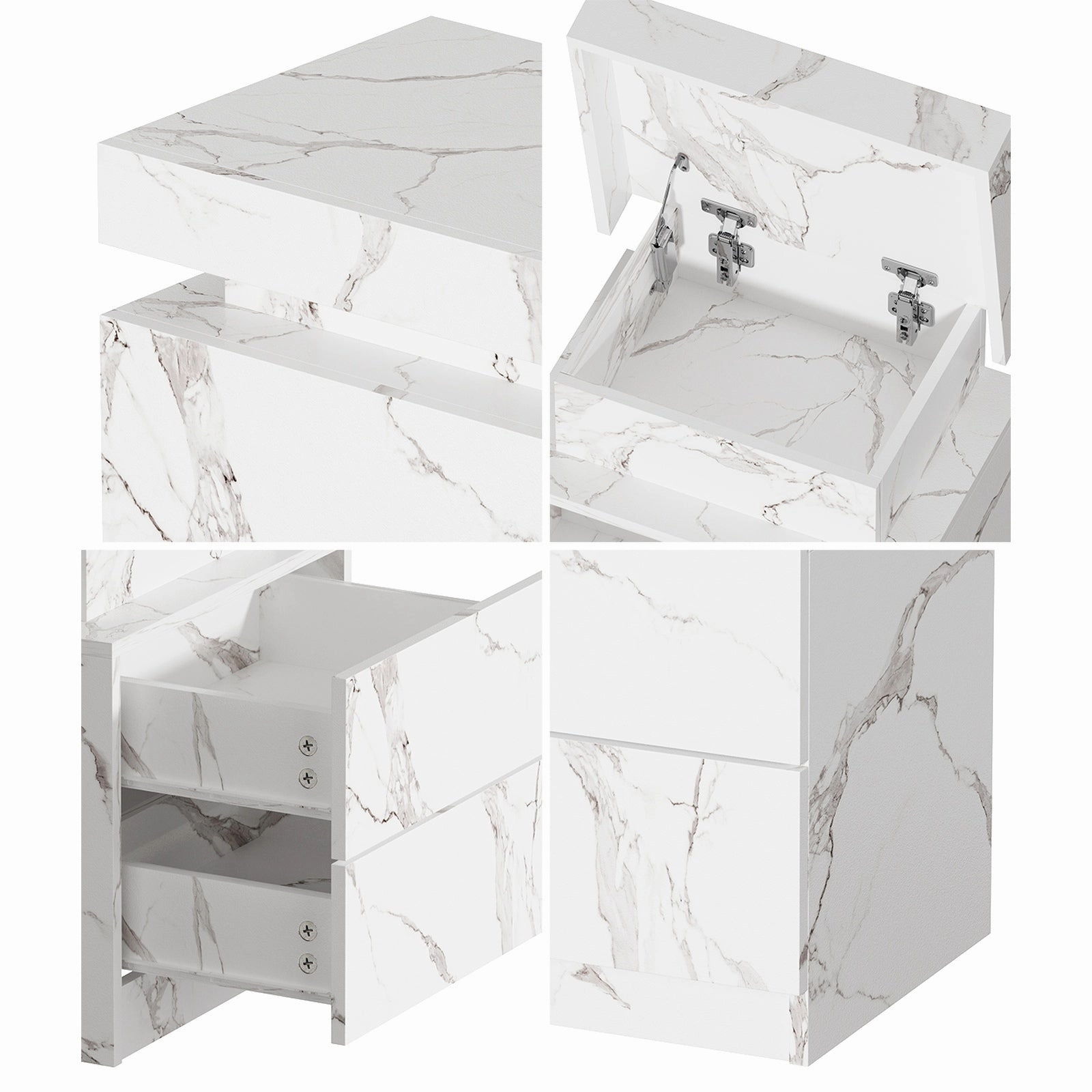Oikiture 2x Bedside Table 2 Drawers LED Nightstand Marble Effect White