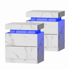 Oikiture 2x Bedside Table 2 Drawers LED Nightstand Marble Effect White