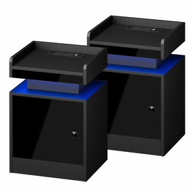 Oikiture 2x Bedside Table LED Nightstand USB Charging Station Side Table Black