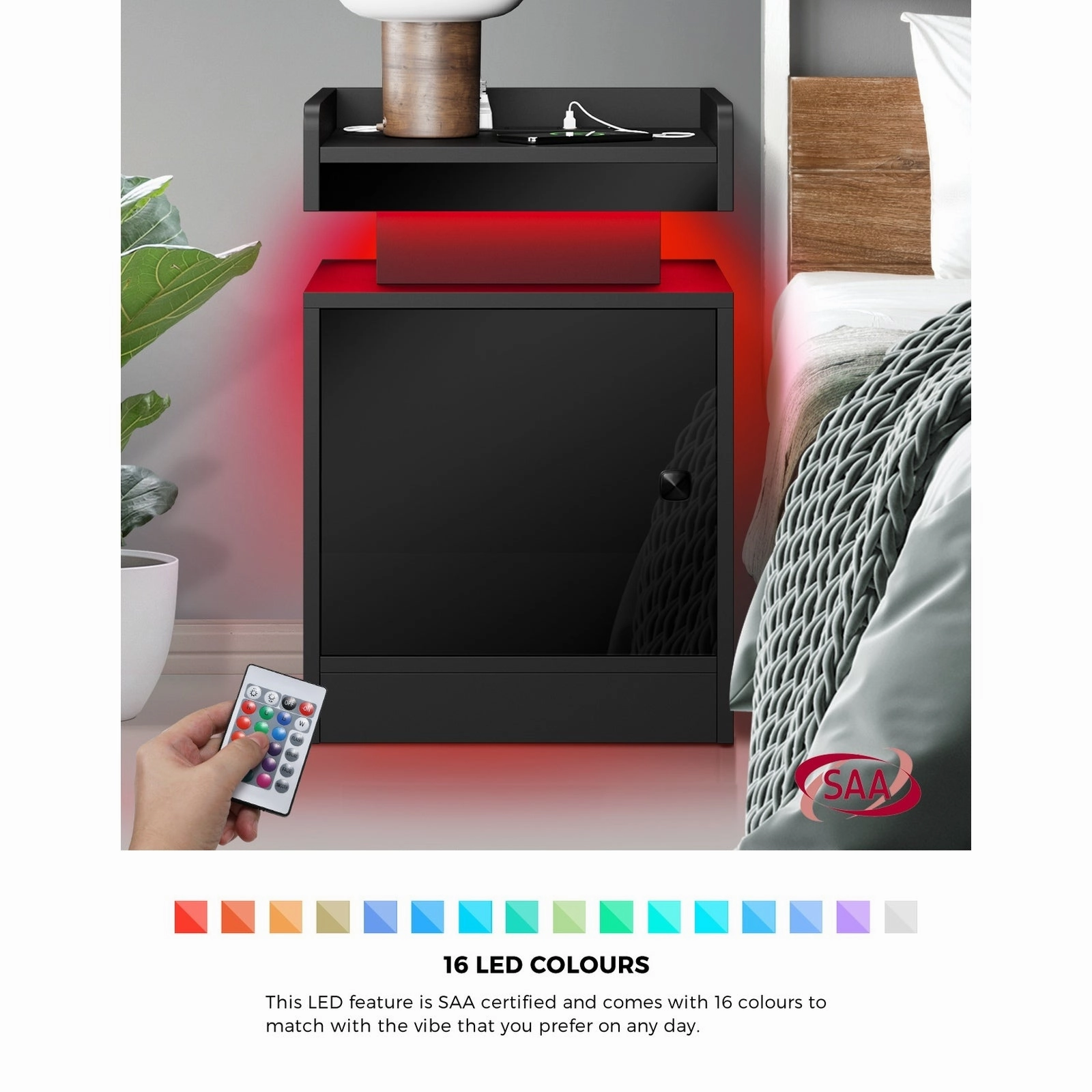 Oikiture 2x Bedside Table LED Nightstand USB Charging Station Side Table Black