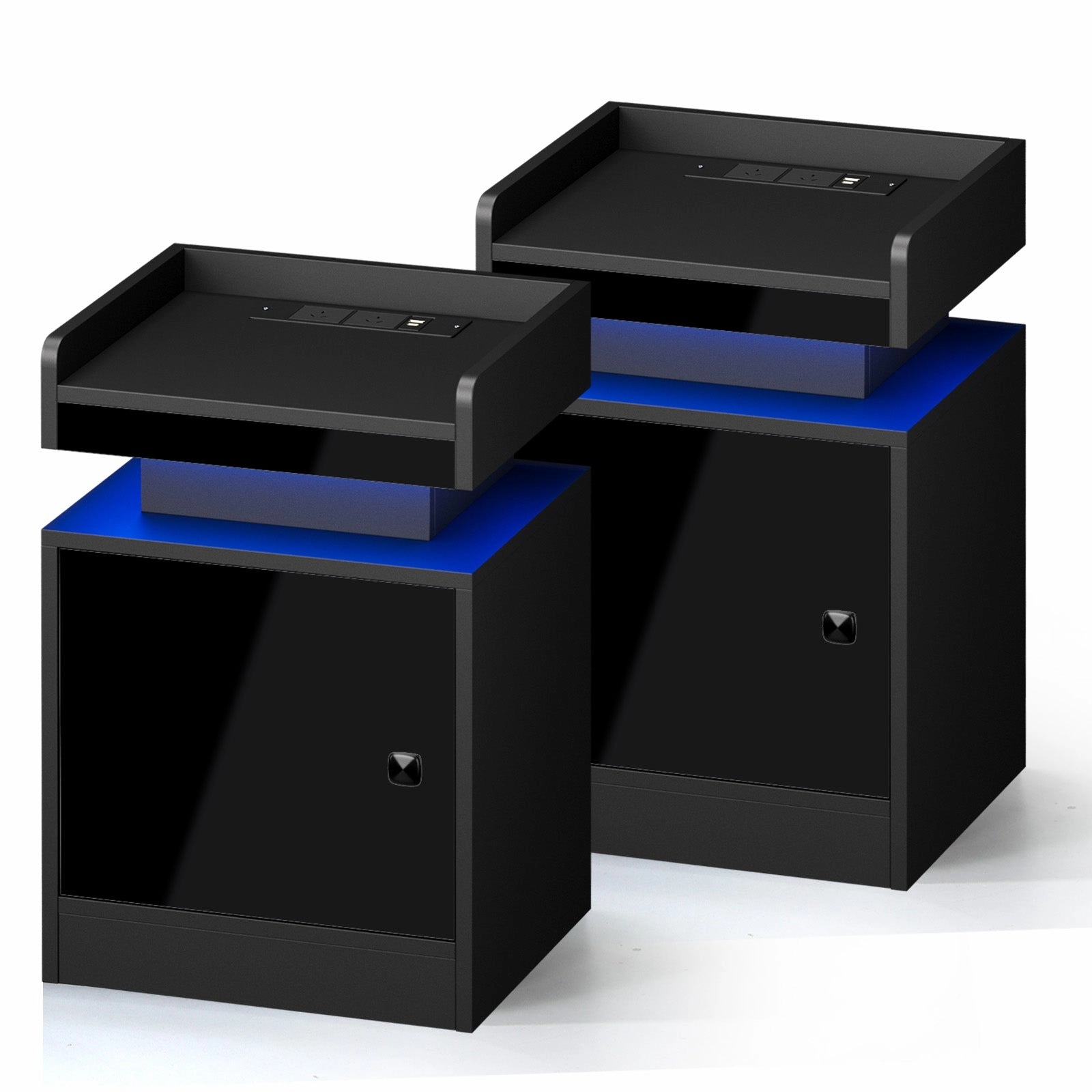 Oikiture 2x Bedside Table LED Nightstand USB Charging Station Side Table Black