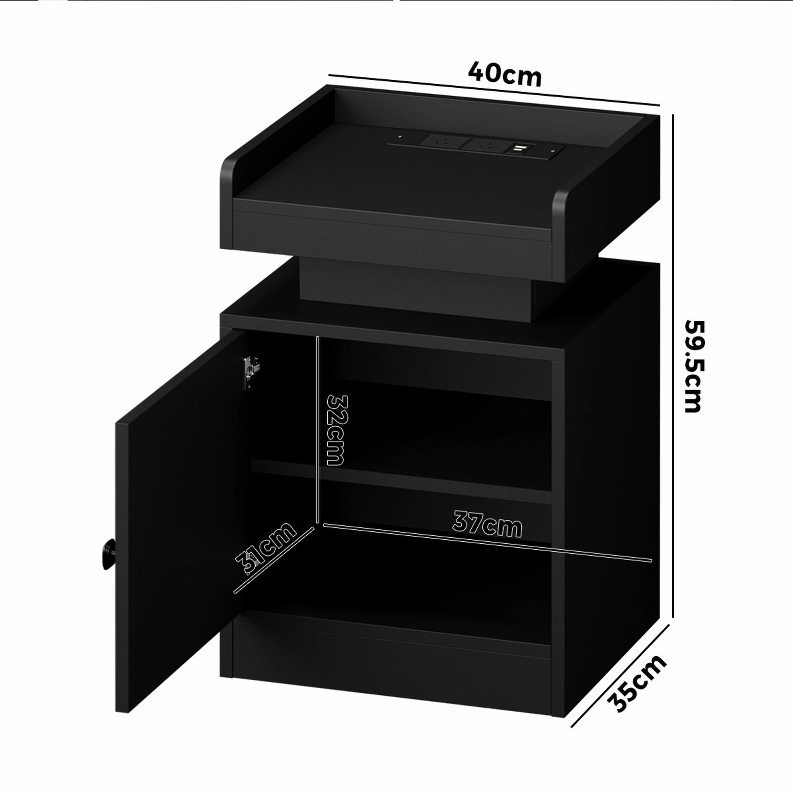 Oikiture 2x Bedside Table LED Nightstand USB Charging Station Side Table Black