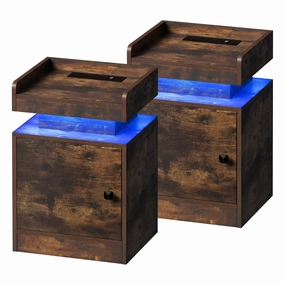 Oikiture 2x Bedside Table LED Nightstand USB Charging Station Side Table Brown