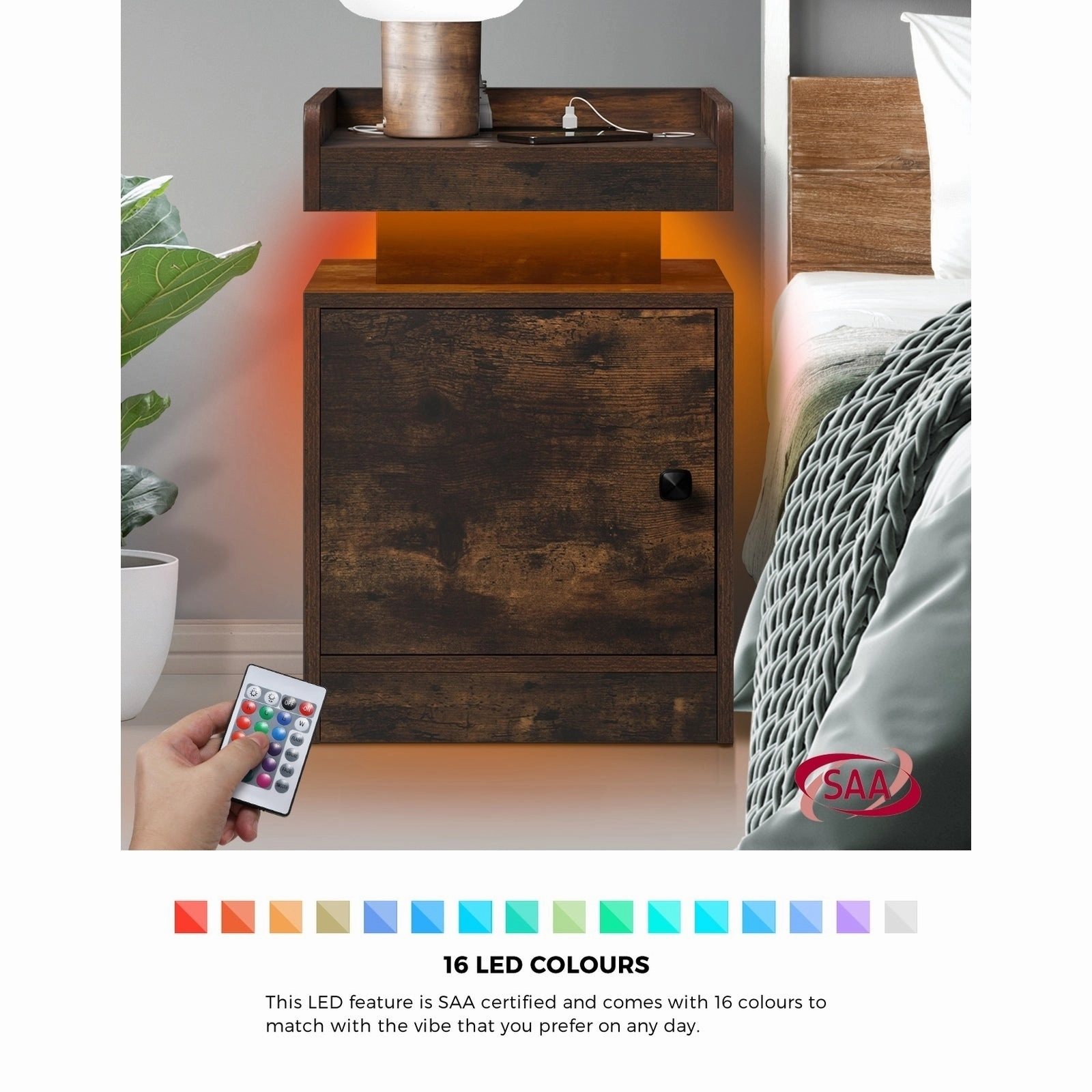 Oikiture 2x Bedside Table LED Nightstand USB Charging Station Side Table Brown