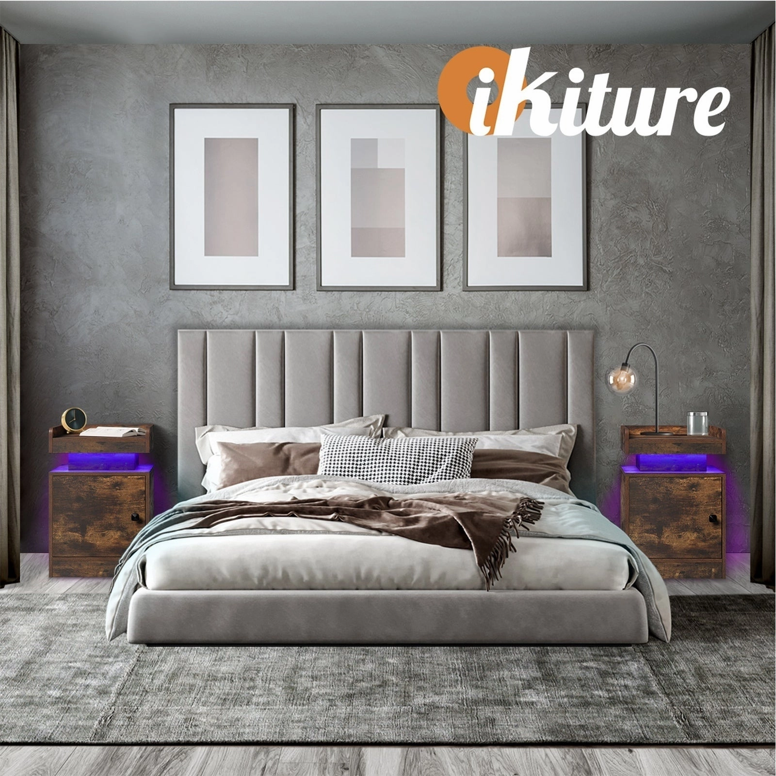 Oikiture 2x Bedside Table LED Nightstand USB Charging Station Side Table Brown
