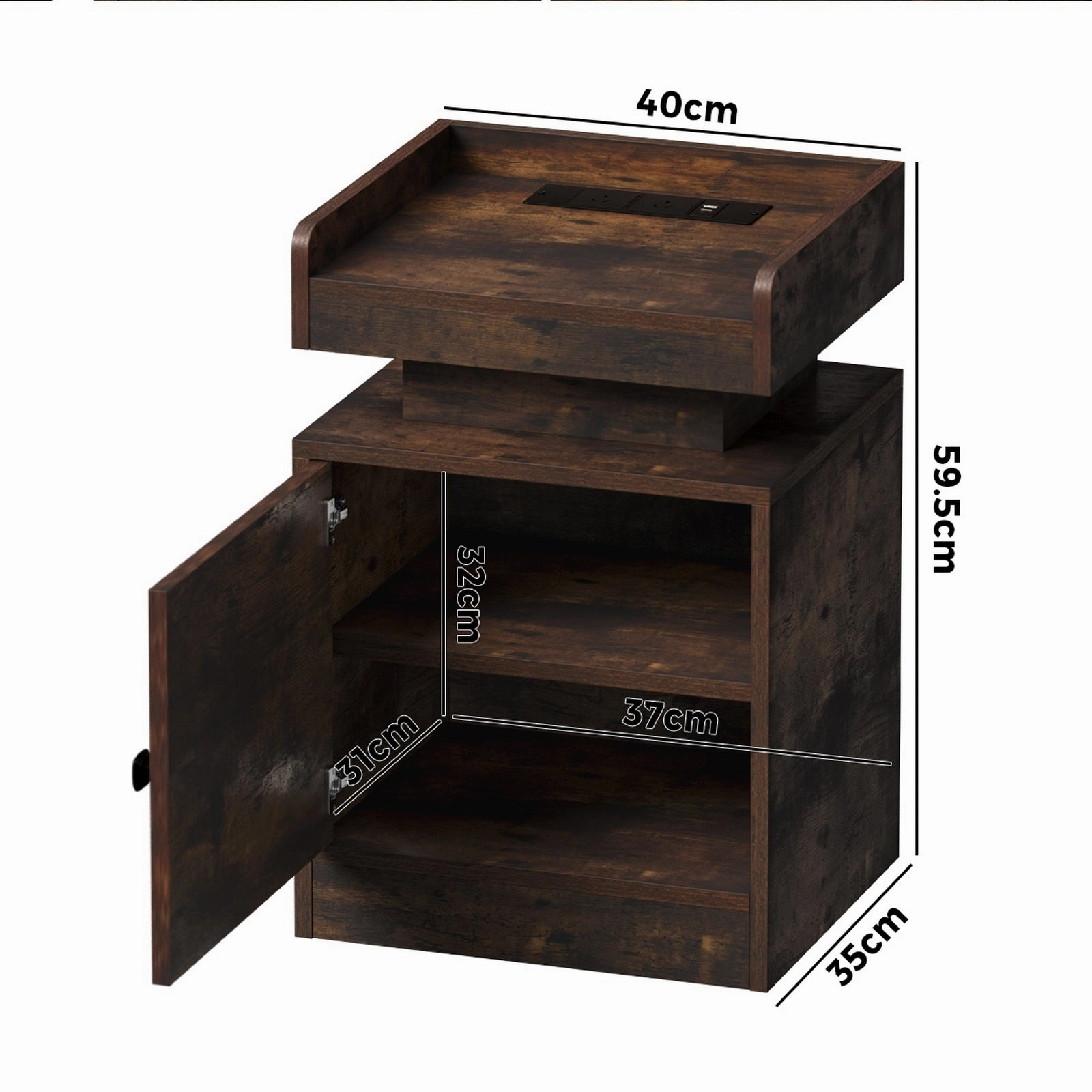 Oikiture 2x Bedside Table LED Nightstand USB Charging Station Side Table Brown