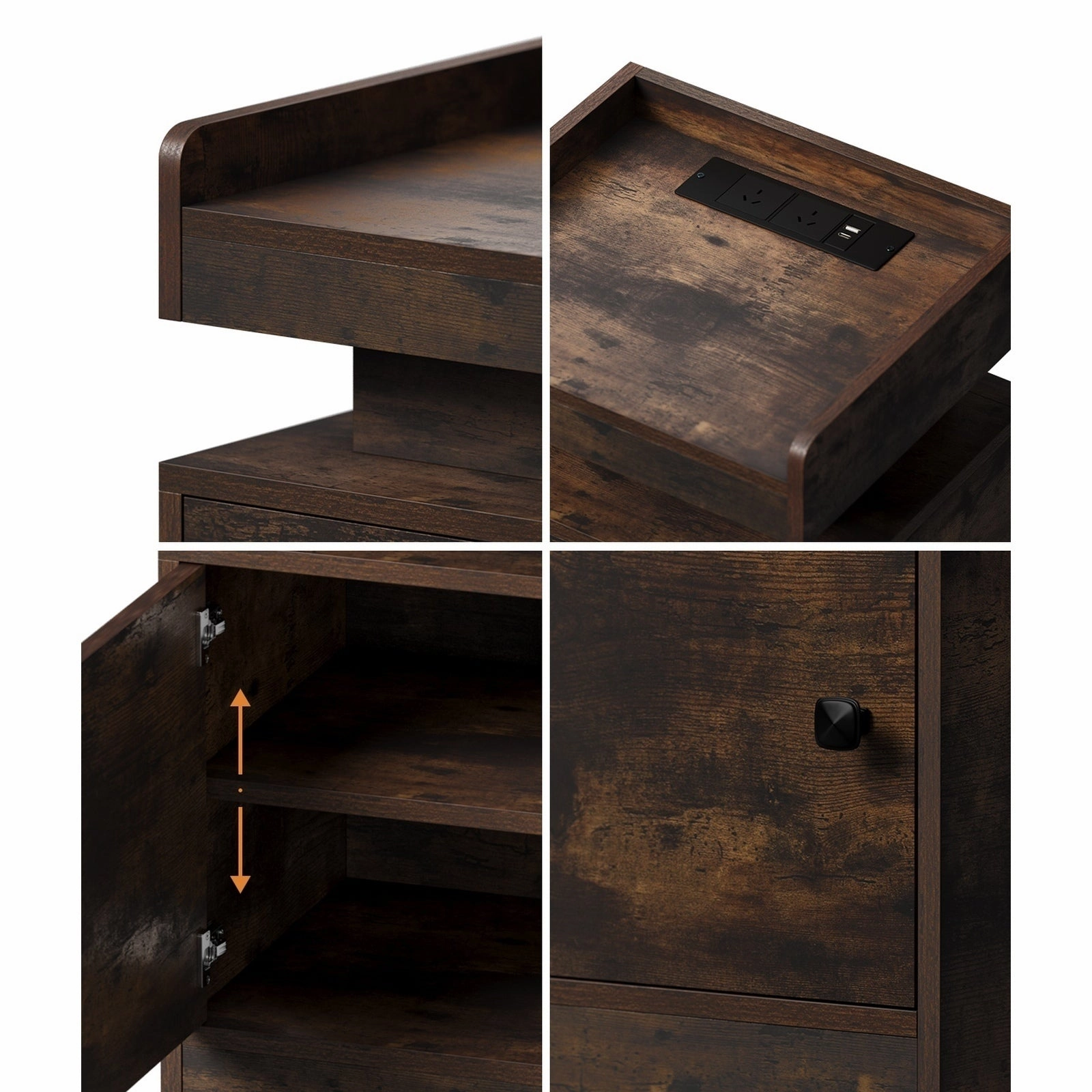 Oikiture 2x Bedside Table LED Nightstand USB Charging Station Side Table Brown