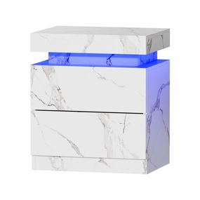 Oikiture Bedside Table 2 Drawers LED Side Tables Nightstand Marble Effect White