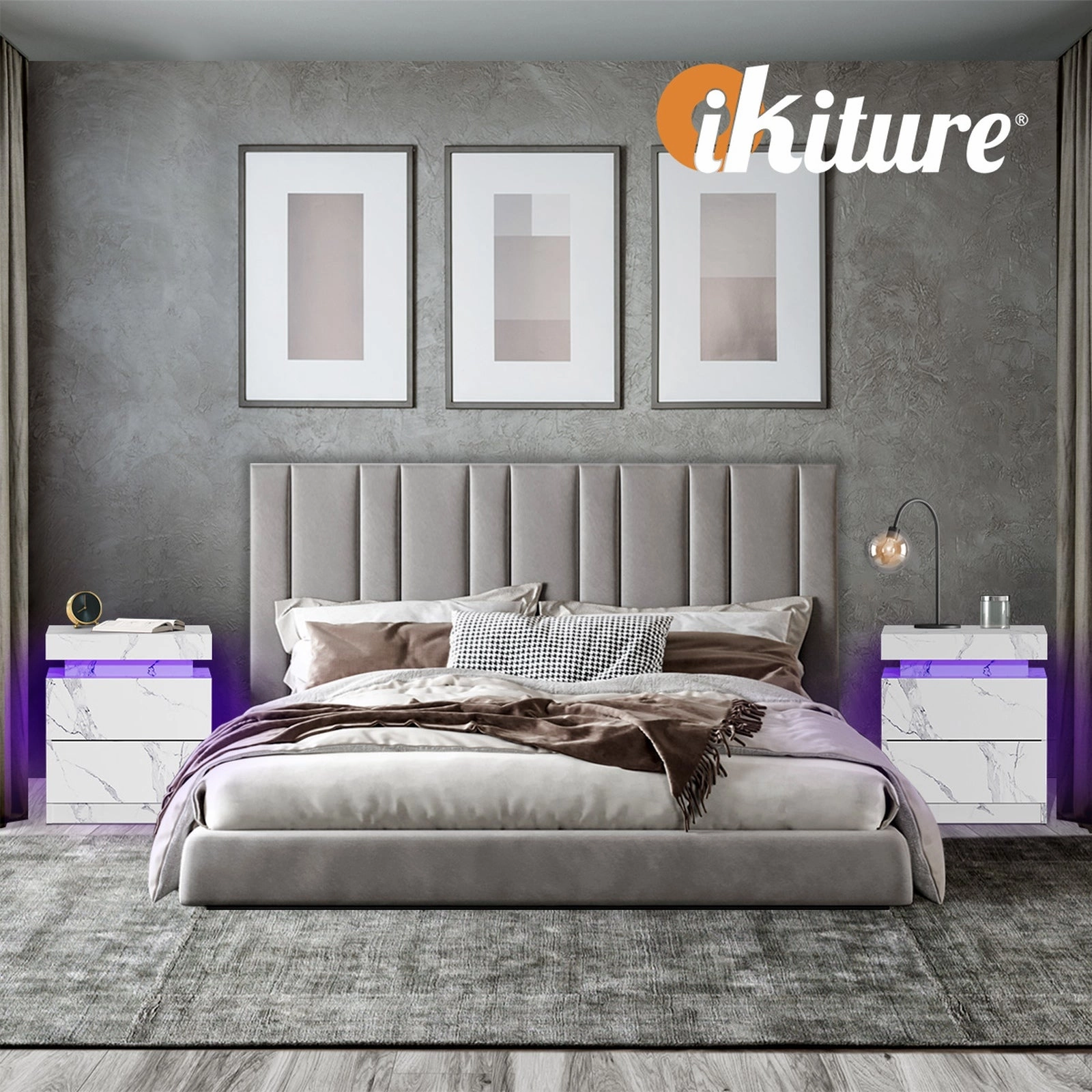 Oikiture Bedside Table 2 Drawers LED Side Tables Nightstand Marble Effect White