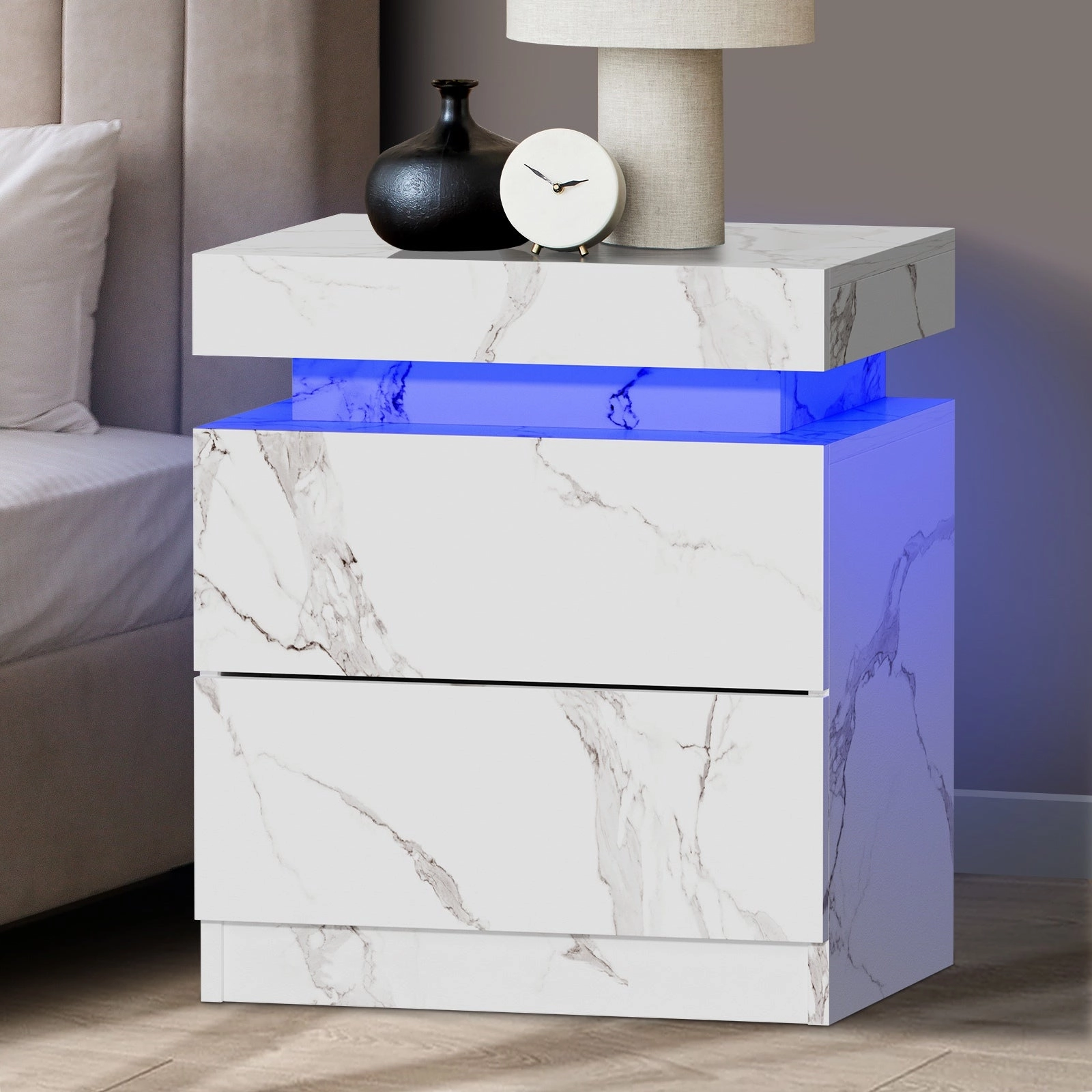 Oikiture Bedside Table 2 Drawers LED Side Tables Nightstand Marble Effect White