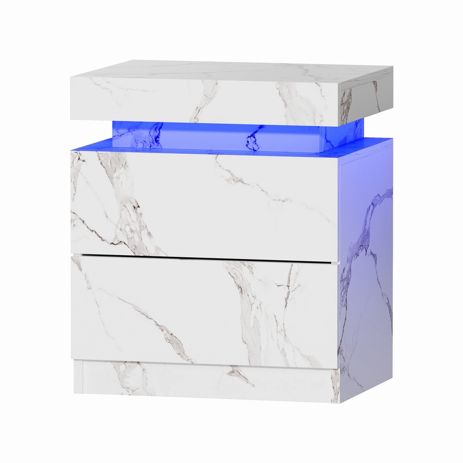 Oikiture Bedside Table 2 Drawers LED Side Tables Nightstand Marble Effect White
