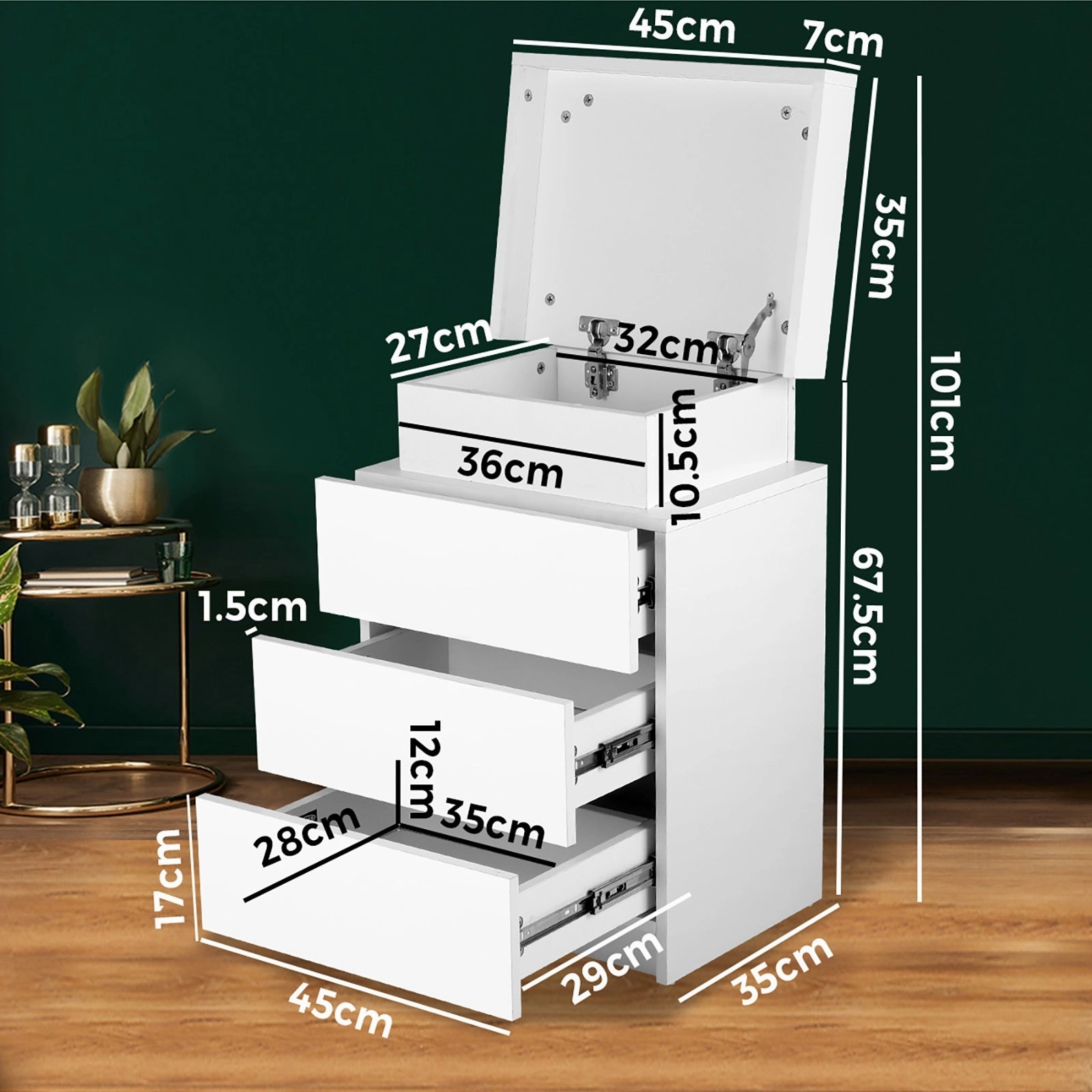 Oikiture Bedside Tables Side Table 3 Drawers RGB LED High Gloss Nightstand Cabinet