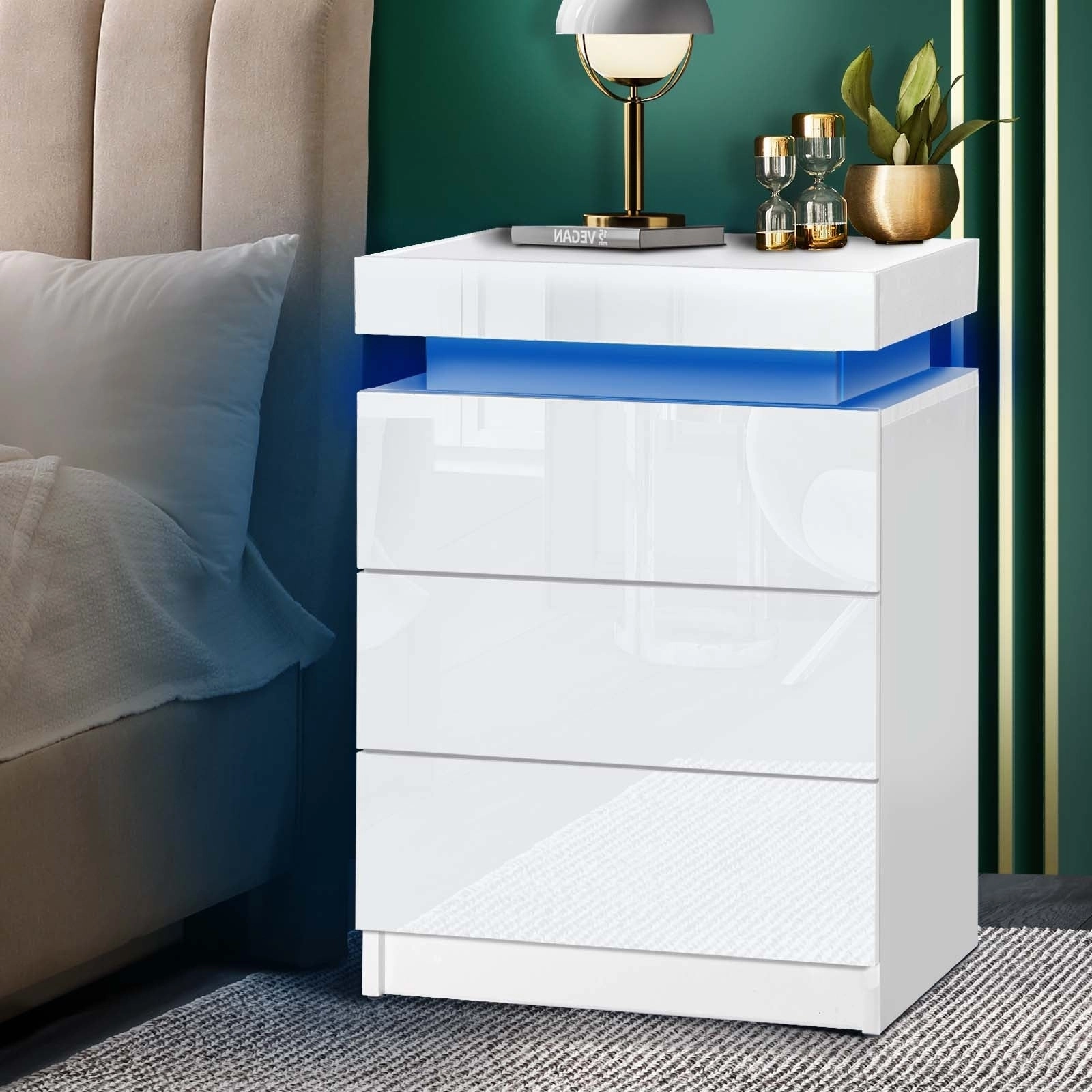 Oikiture Bedside Tables Side Table 3 Drawers RGB LED High Gloss Nightstand Cabinet