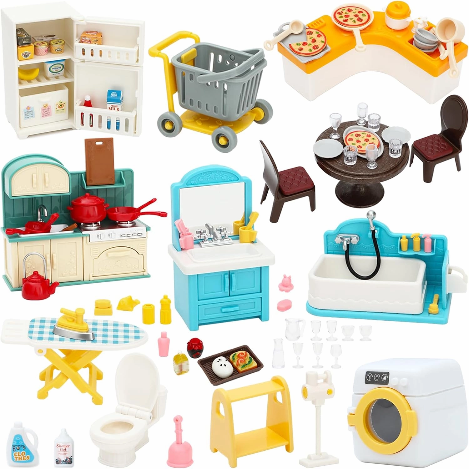ONEST 70 Pieces Dollhouse Furniture Set Mini House Accessories with Bathroom Kitchen Laundry Room Miniature 1:12 Furniture Accessories Model for Kids