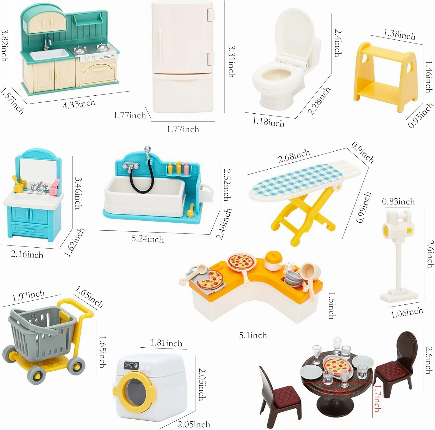 ONEST 70 Pieces Dollhouse Furniture Set Mini House Accessories with Bathroom Kitchen Laundry Room Miniature 1:12 Furniture Accessories Model for Kids