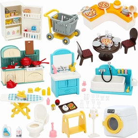 ONEST 70 Pieces Dollhouse Furniture Set Mini House Accessories with Bathroom Kitchen Laundry Room Miniature 1:12 Furniture Accessories Model for Kids