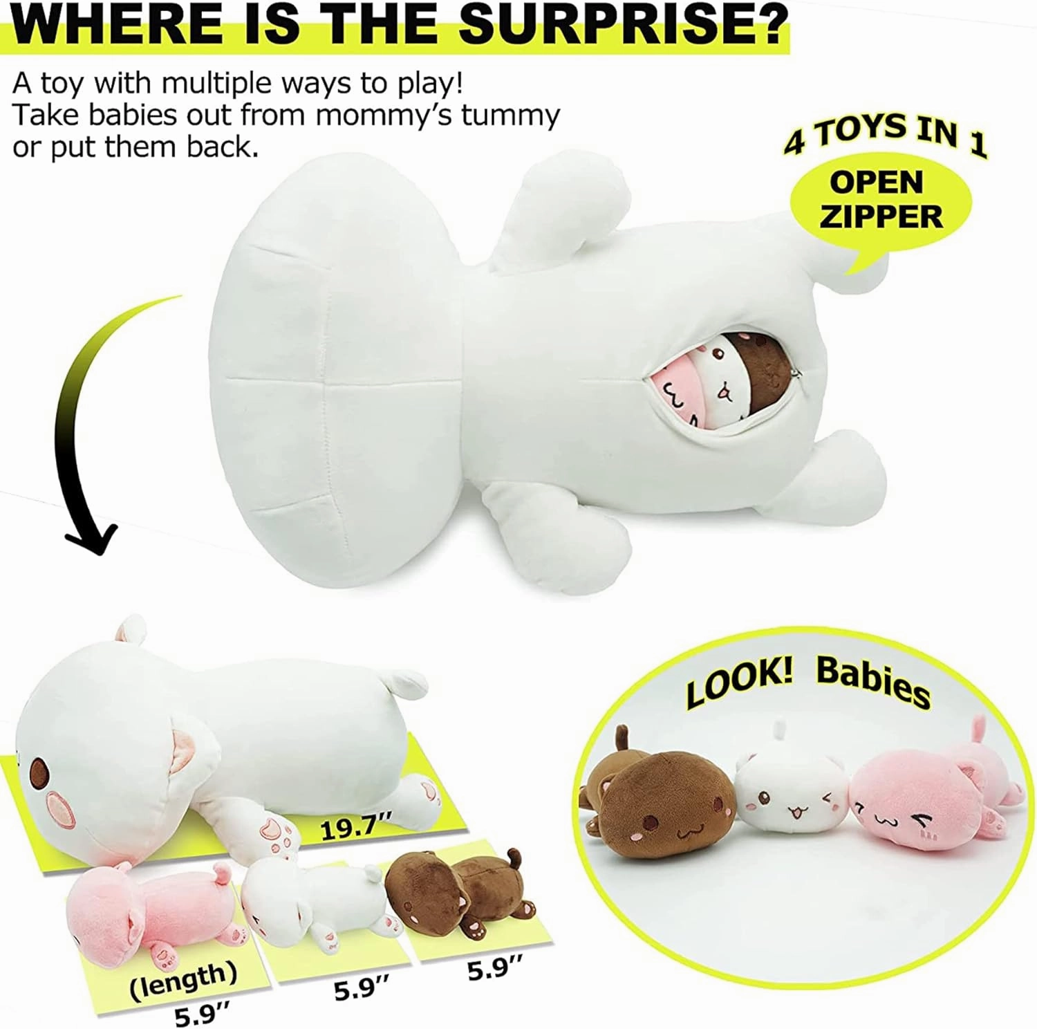 Onsoyours Cat Stuffed Animal Mommy 19.7" with 3 Kitty Plushies, 4 Piece of Cute Cat Plush Pillow Toys for Kids Girls Boys (White Cat Family)
