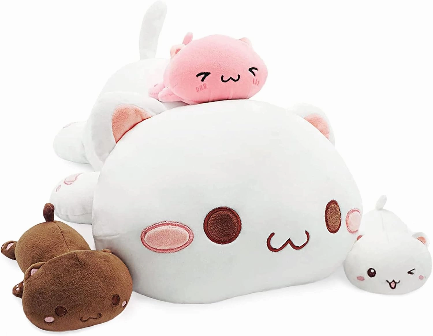 Onsoyours Cat Stuffed Animal Mommy 19.7" with 3 Kitty Plushies, 4 Piece of Cute Cat Plush Pillow Toys for Kids Girls Boys (White Cat Family)