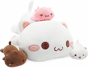 Onsoyours Cat Stuffed Animal Mommy 19.7" with 3 Kitty Plushies, 4 Piece of Cute Cat Plush Pillow Toys for Kids Girls Boys (White Cat Family)