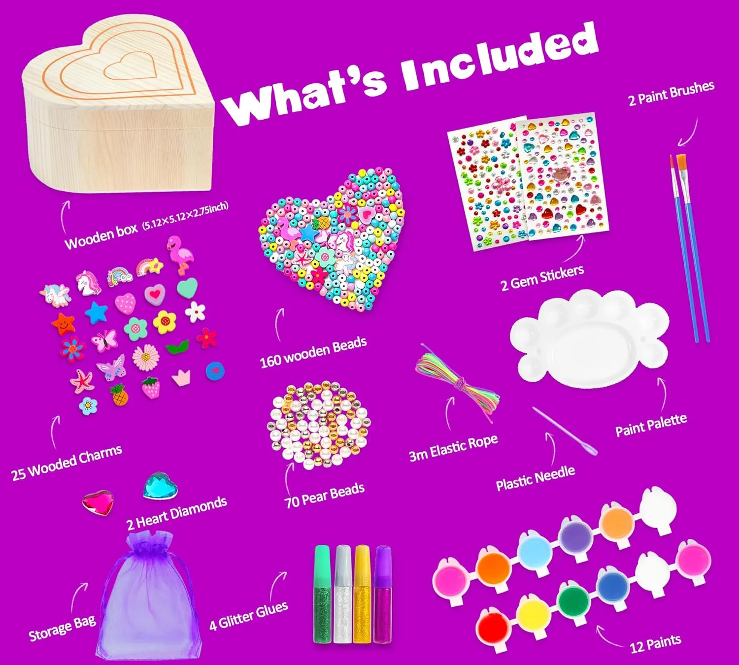 Paint Your Own Jewelry Box & Jewelry Making Kit - Arts and Crafts Painting Kits for Kids Girls Age 6-8, 250 PCS Wooden Beads Bracelets Making Kit Toys Gifts for Christmas Birthday 8-12 Years Old