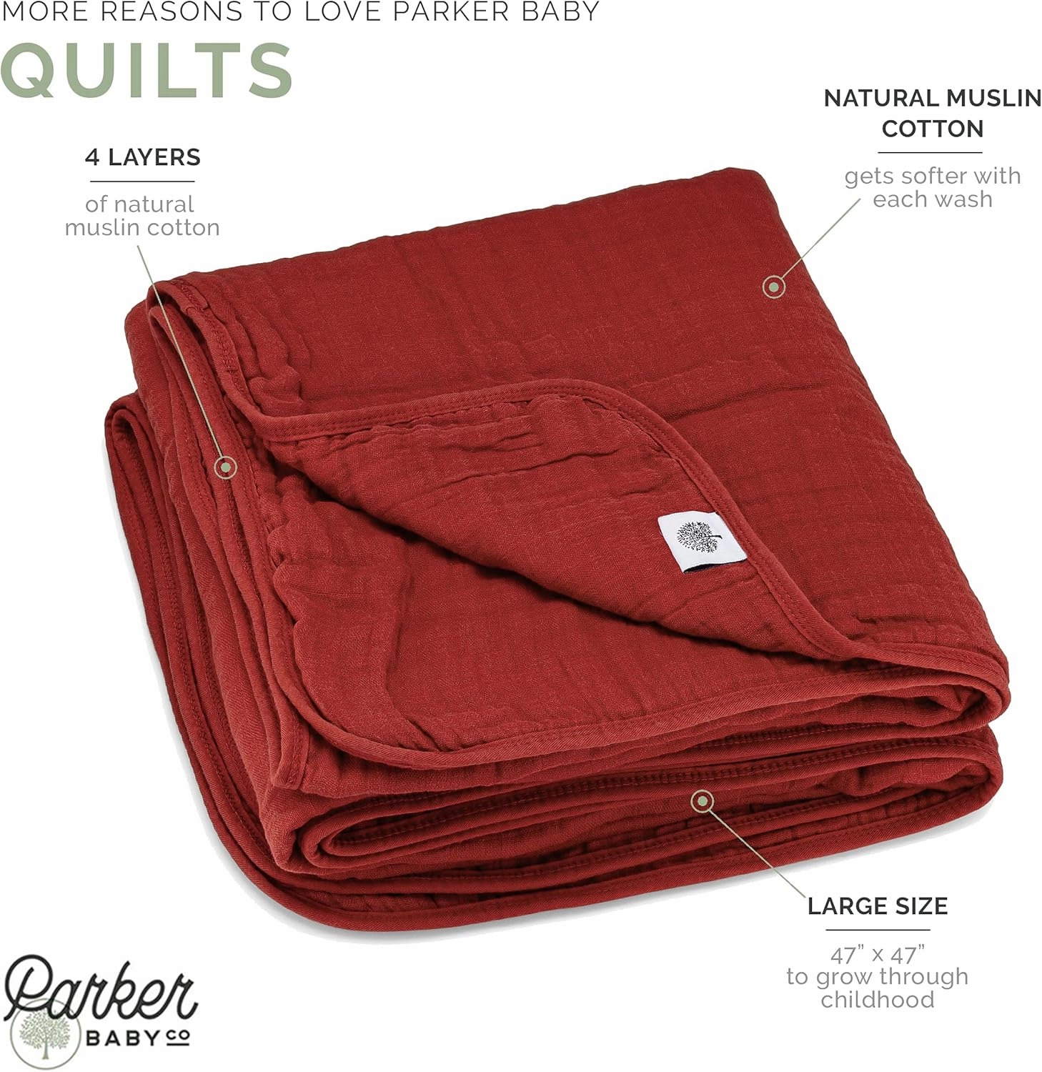 Parker Baby Muslin Blanket | 100% Soft Cotton Toddler Quilt & Baby Muslin Swaddle | Gender Neutral Design 47" x 47" Blanket