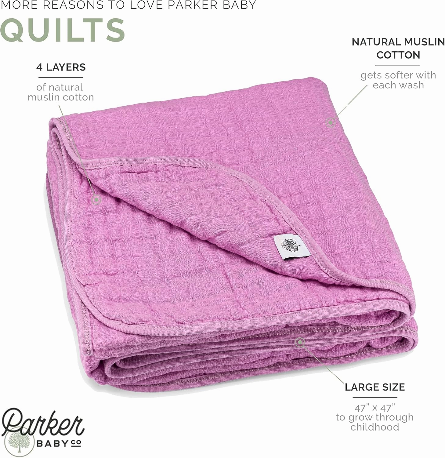 Parker Baby Muslin Blanket | 100% Soft Cotton Toddler Quilt & Baby Muslin Swaddle | Gender Neutral Design 47" x 47" Blanket