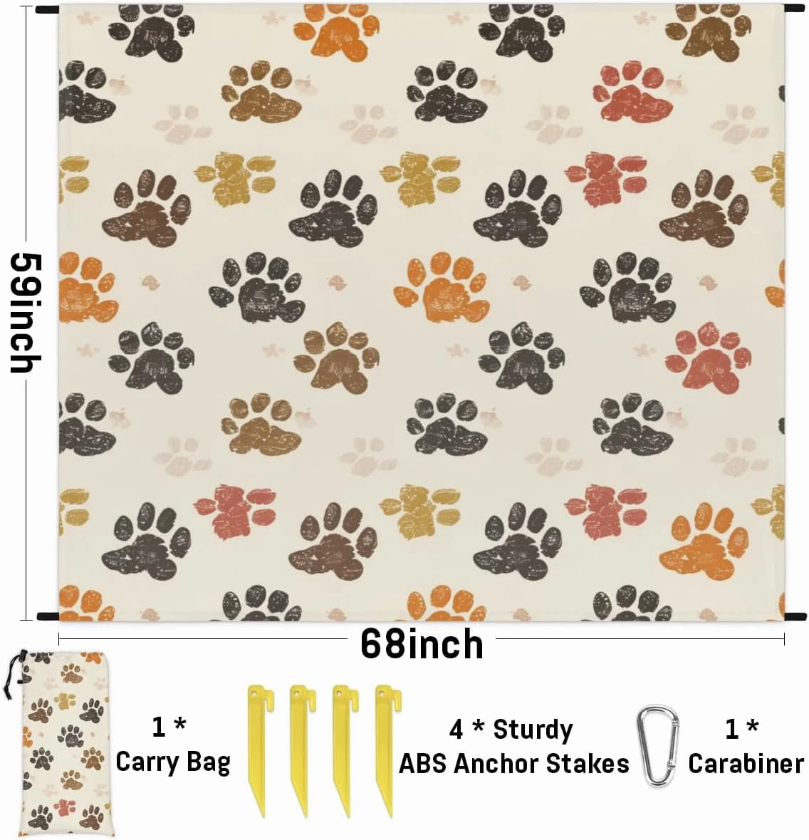Paw Print Beach Blanket, Sandproof Beach Mat, Adults Waterproof Quick Drying Sand Free Mat with 4 x Ground Spikes for Outdoor Travel Camping Hiking, Dog Paw Print