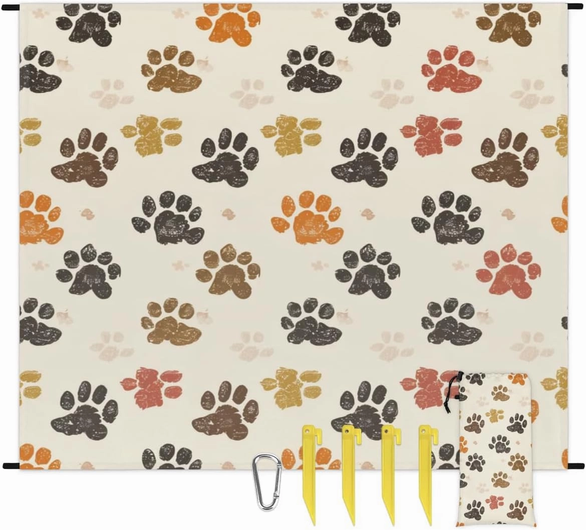 Paw Print Beach Blanket, Sandproof Beach Mat, Adults Waterproof Quick Drying Sand Free Mat with 4 x Ground Spikes for Outdoor Travel Camping Hiking, Dog Paw Print