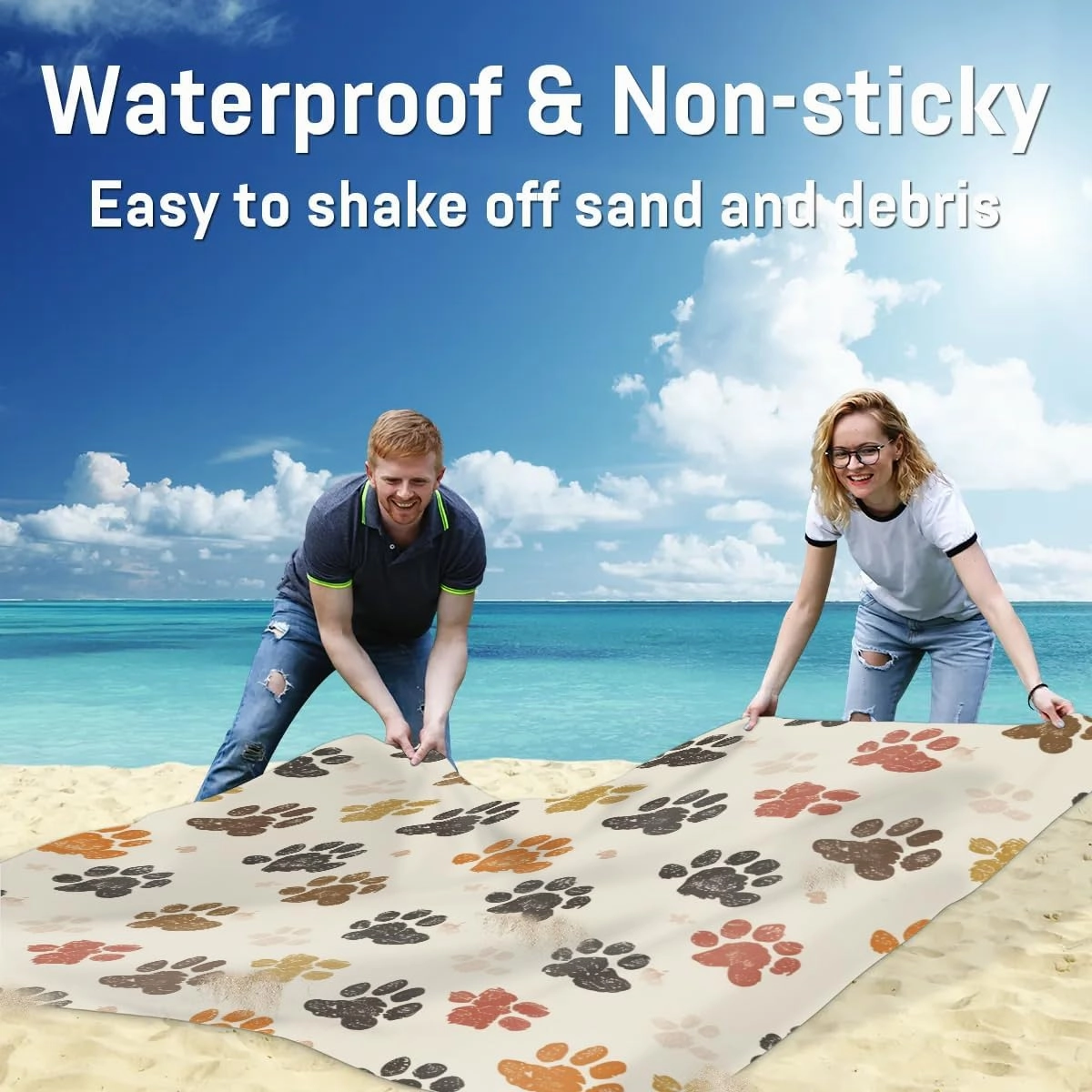 Paw Print Beach Blanket, Sandproof Beach Mat, Adults Waterproof Quick Drying Sand Free Mat with 4 x Ground Spikes for Outdoor Travel Camping Hiking, Dog Paw Print