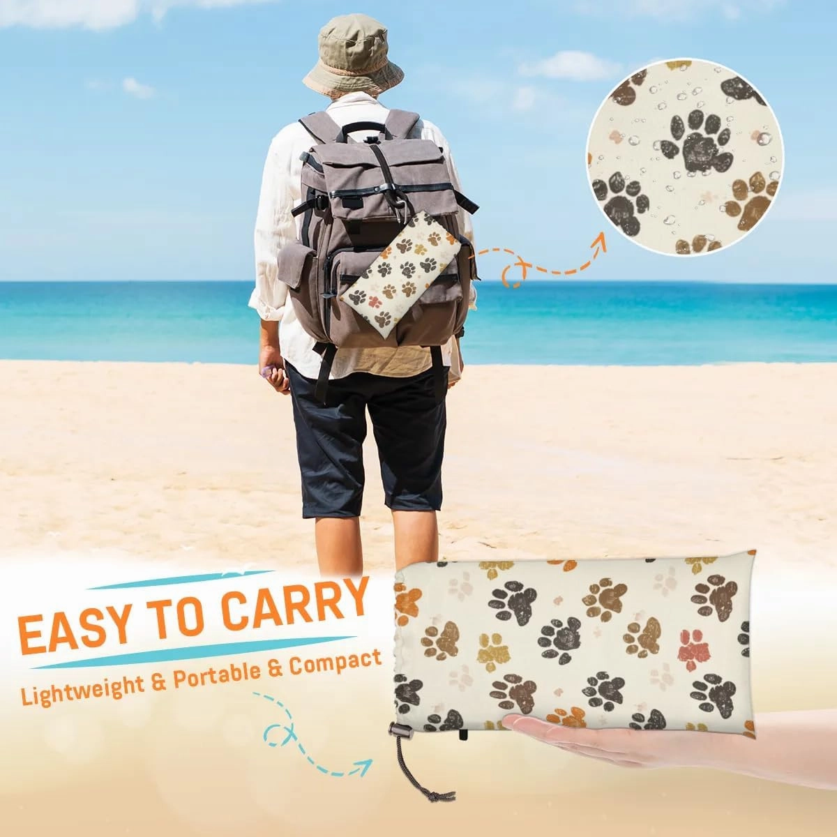 Paw Print Beach Blanket, Sandproof Beach Mat, Adults Waterproof Quick Drying Sand Free Mat with 4 x Ground Spikes for Outdoor Travel Camping Hiking, Dog Paw Print