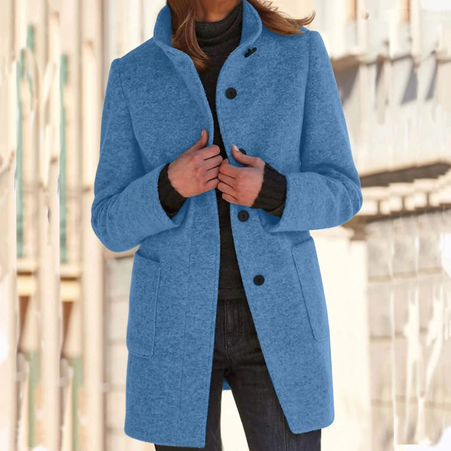 Pea Coats for Women Winter Stand Collar Wool Long Trench Coats Casual Single Breasted Blazer Thicken Peacoat Jackets