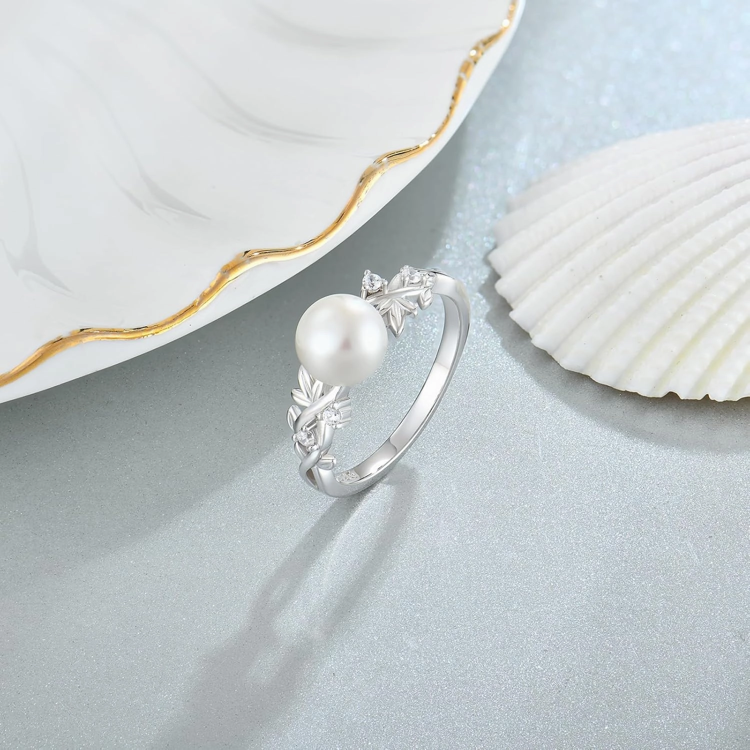 Pearl Leaf Rings for Women 925 Silver Freshwater Real Pearl Cz Rings for Wedding Engagement Anniversary
