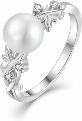 Pearl Leaf Rings for Women 925 Silver Freshwater Real Pearl Cz Rings for Wedding Engagement Anniversary