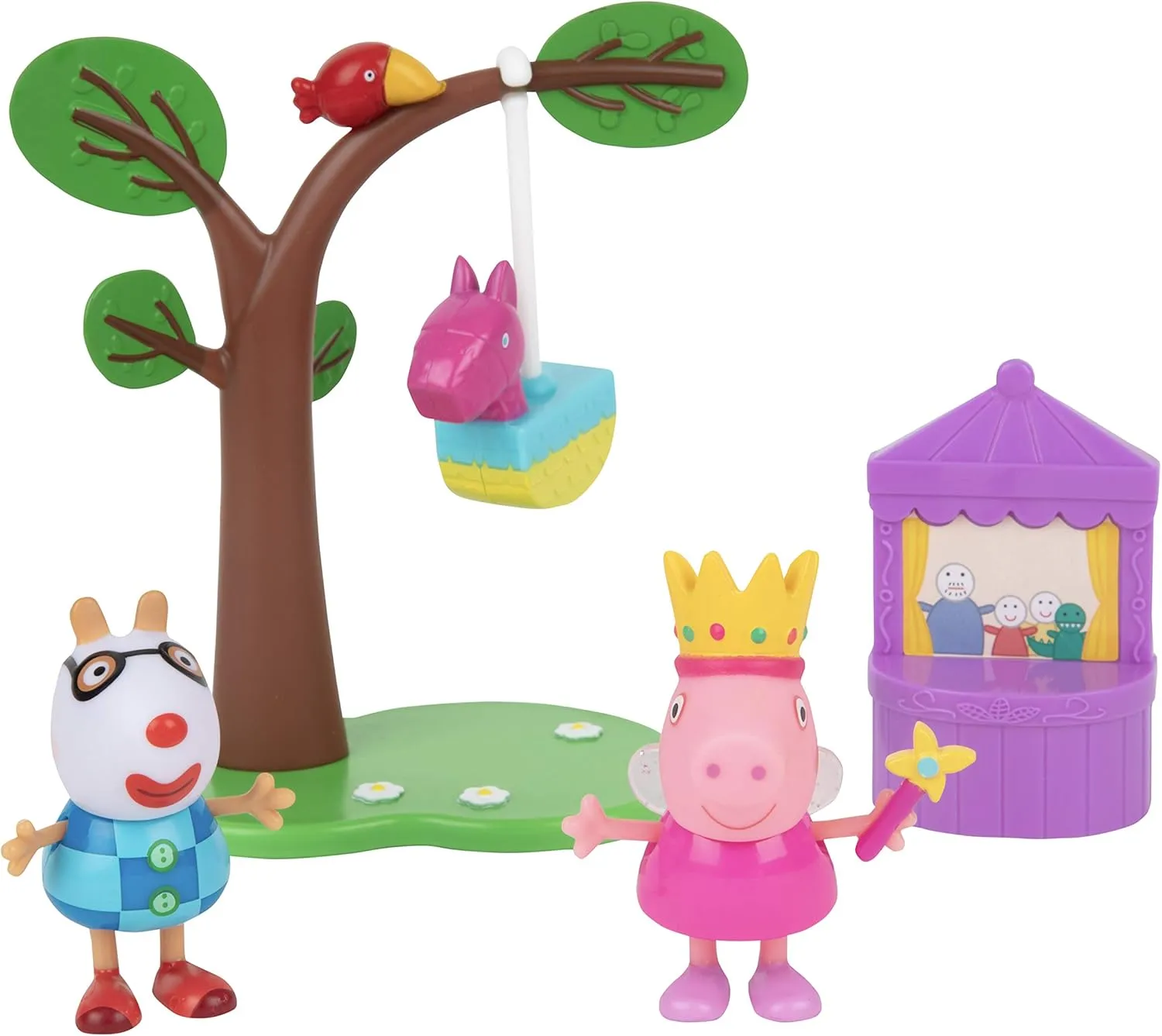 Peppa Pig Birthday Party Playset, 5 Pieces - Includes Peppa & Pedro Figures, Pinata, Puppet Show & Tree - Toy Gift for Kids - Ages 2 