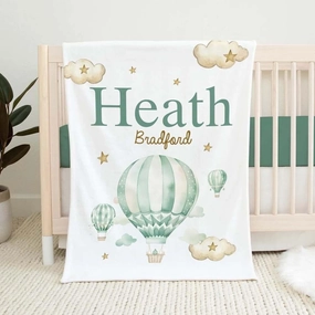 Personalized Baby Boy Blanket with Name, Baby Blanket For Boys, Custom Baby Blanket for Toddler, Green Hot Air Balloon Blanket, Adventure Baby Blanket, Travel Nursery Theme, Adventure Nursery Decor