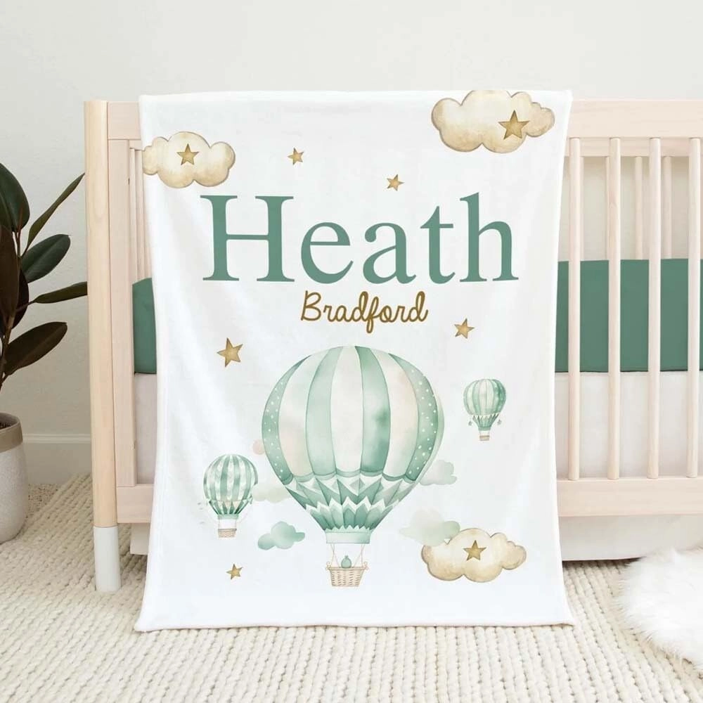 Personalized Baby Boy Blanket with Name, Baby Blanket For Boys, Custom Baby Blanket for Toddler, Green Hot Air Balloon Blanket, Adventure Baby Blanket, Travel Nursery Theme, Adventure Nursery Decor